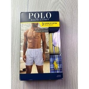 Polo Ralph Lauren Mens 3 Pack Classic Cotton Woven Boxers Navy Plaid Stripe M